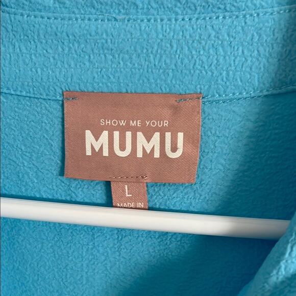 Never worn! Show Me Your MuMu Blue Button Down Shirt | Size L | Cover Up - Picture 4 of 8